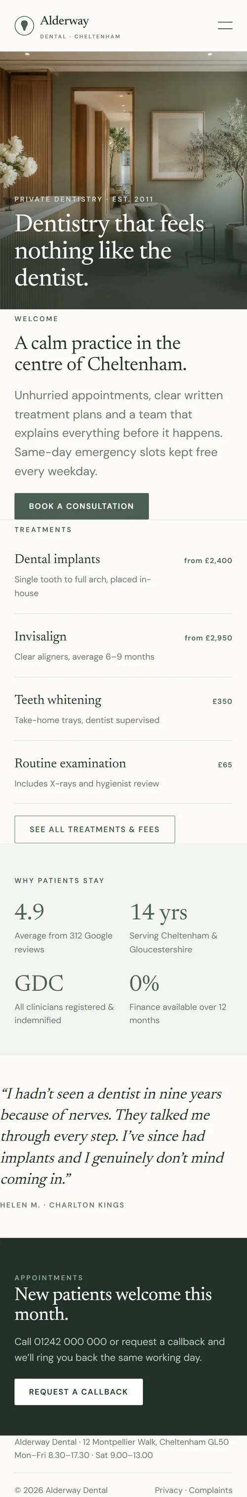 Concept homepage for a private dental practice, shown on mobile — calm sage-green design with a treatment fee list