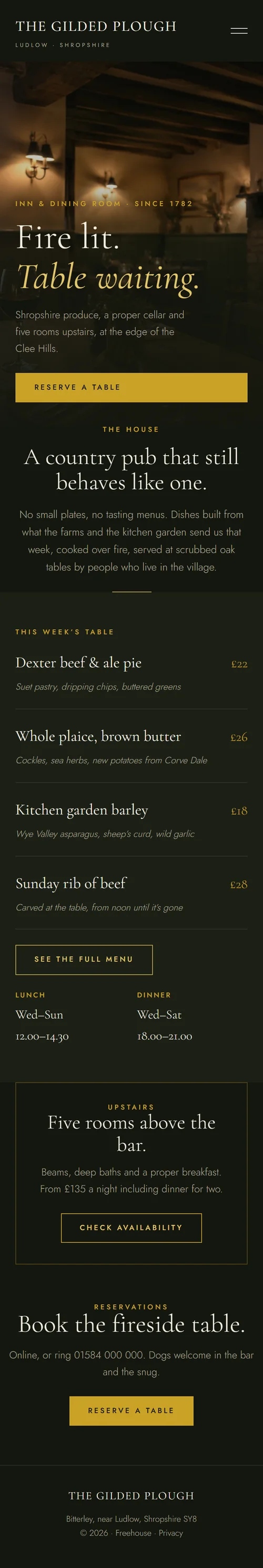 Concept homepage for a country gastropub, shown on mobile — dark atmospheric design with menu and room bookings
